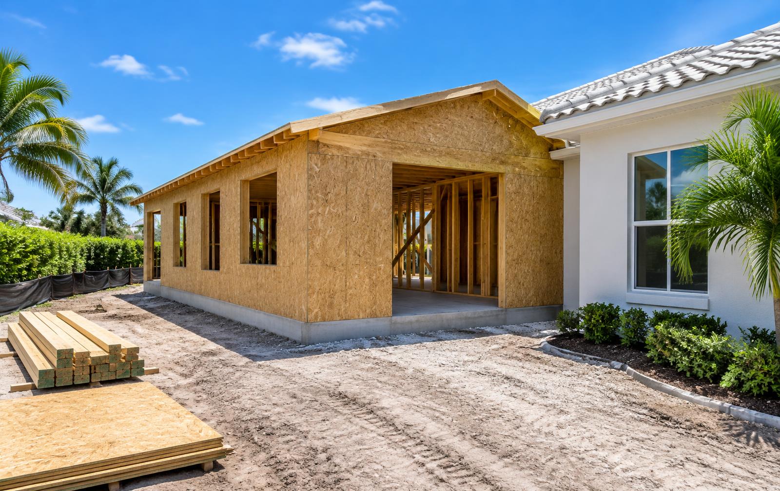 New home addition framed in OSB beside a white stucco Florida home