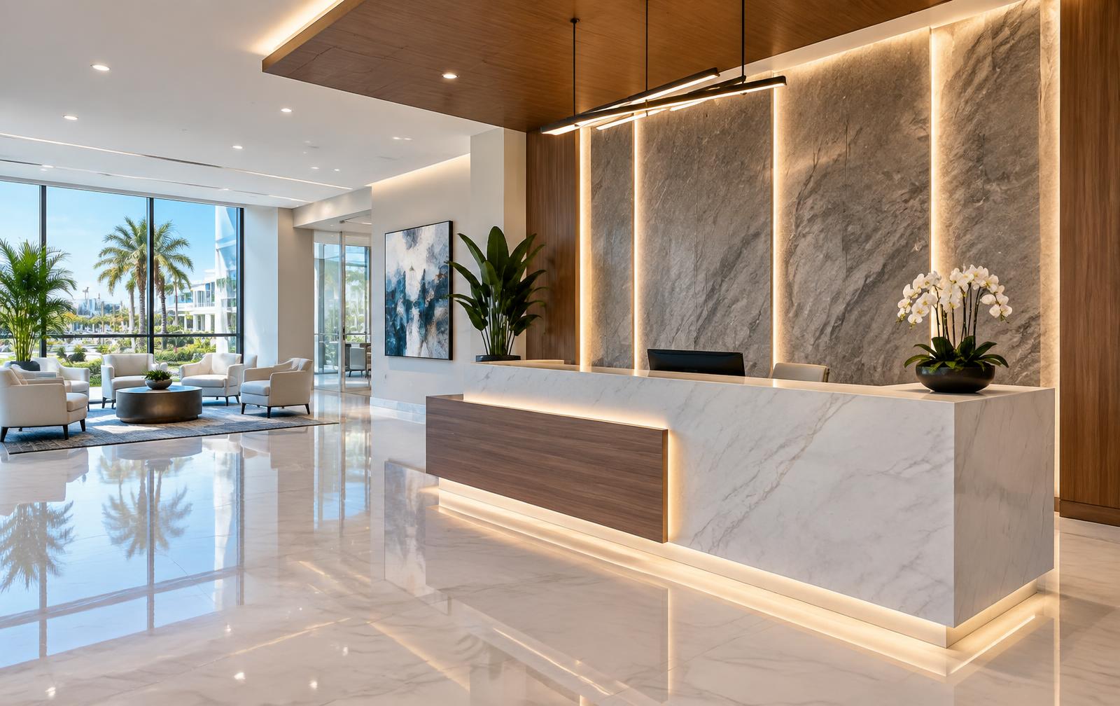 Modernized office lobby with a new reception desk and feature lighting