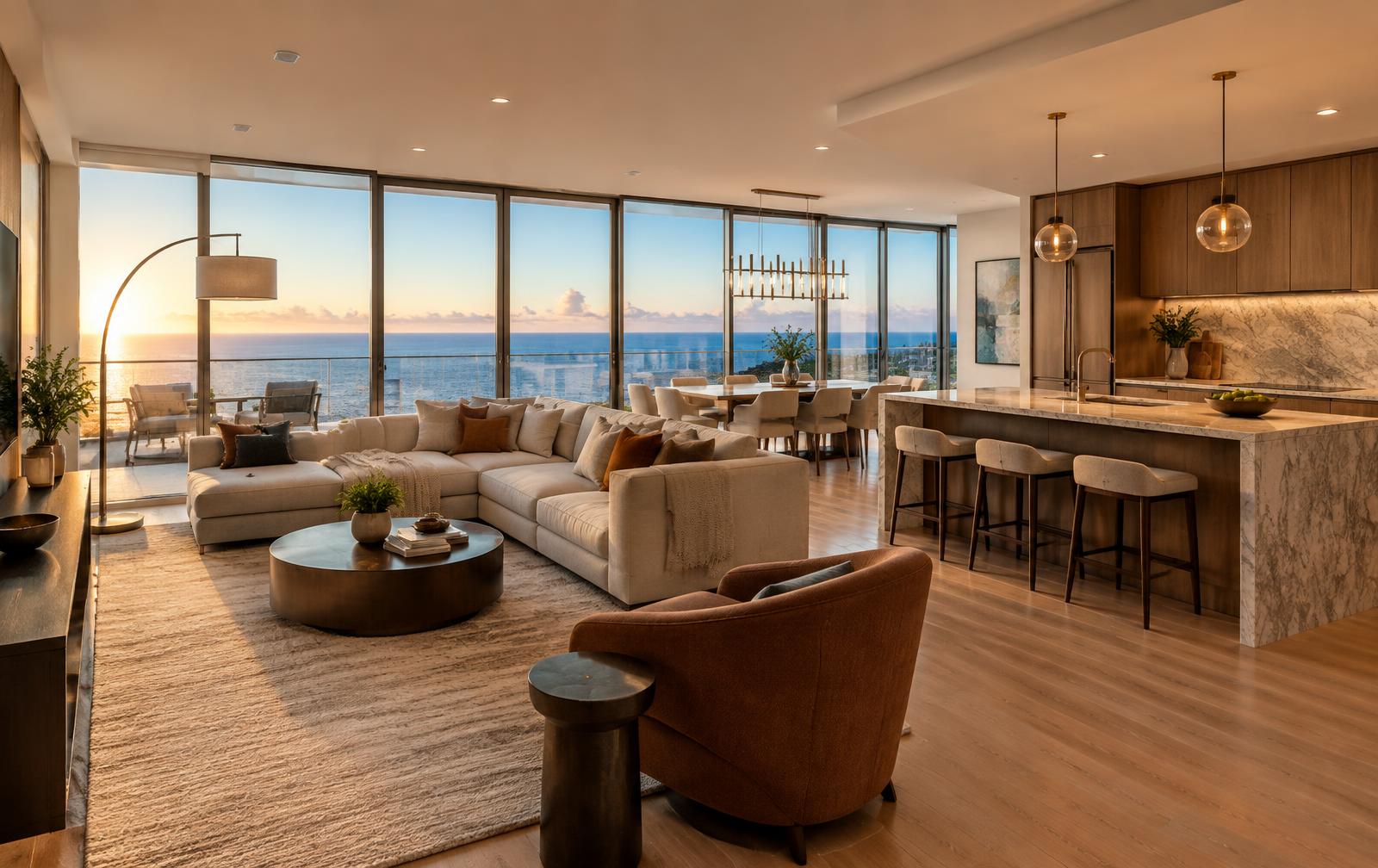 Renovated waterfront condo interior with new floors, kitchen and ocean views