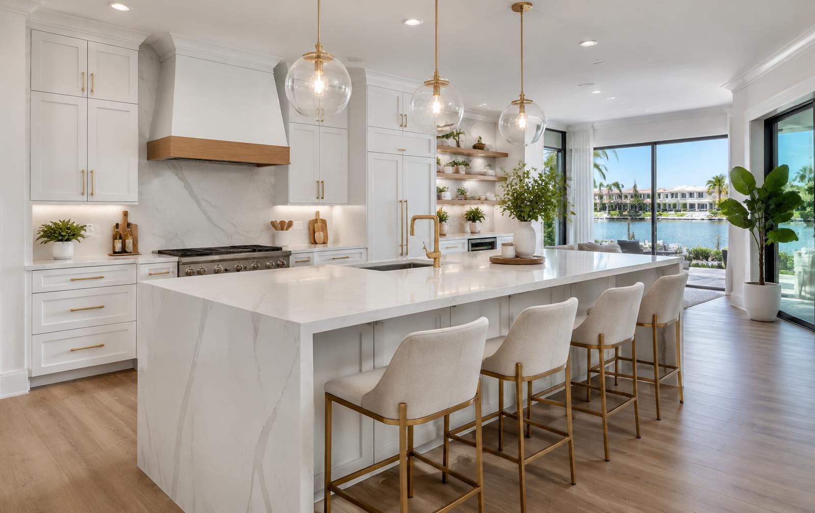 Renovated white kitchen with marble island, gold hardware and pendant lights in a waterfront Florida home