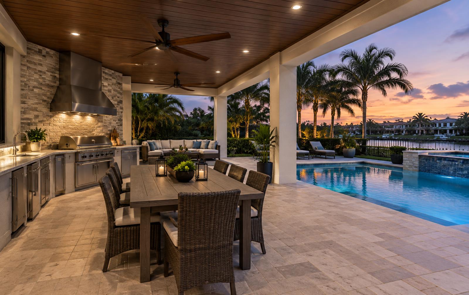 Covered outdoor kitchen and dining area beside a pool at a Boca Raton waterfront home at dusk